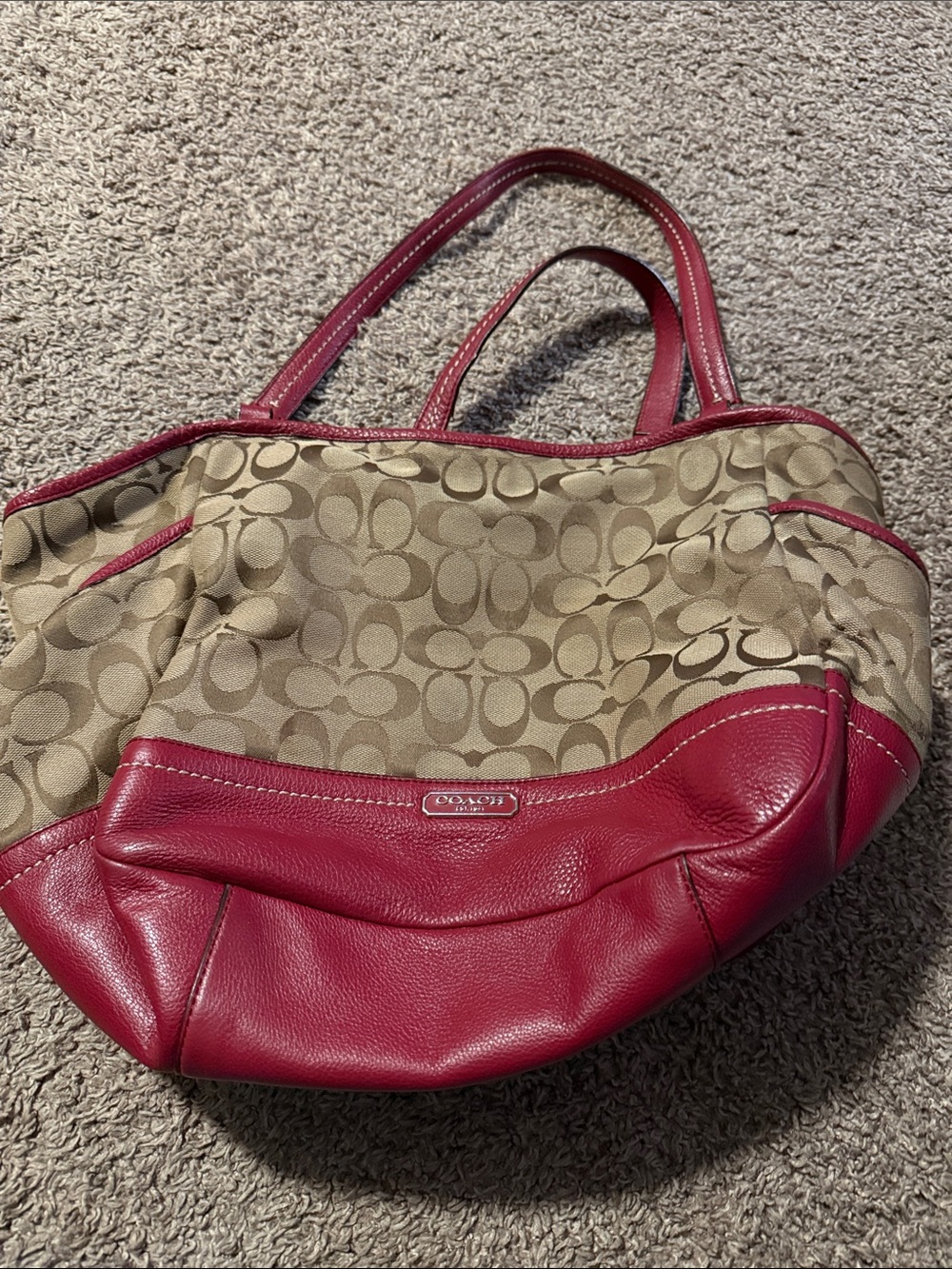 Coach Canvas Tote with Red Leather Trim